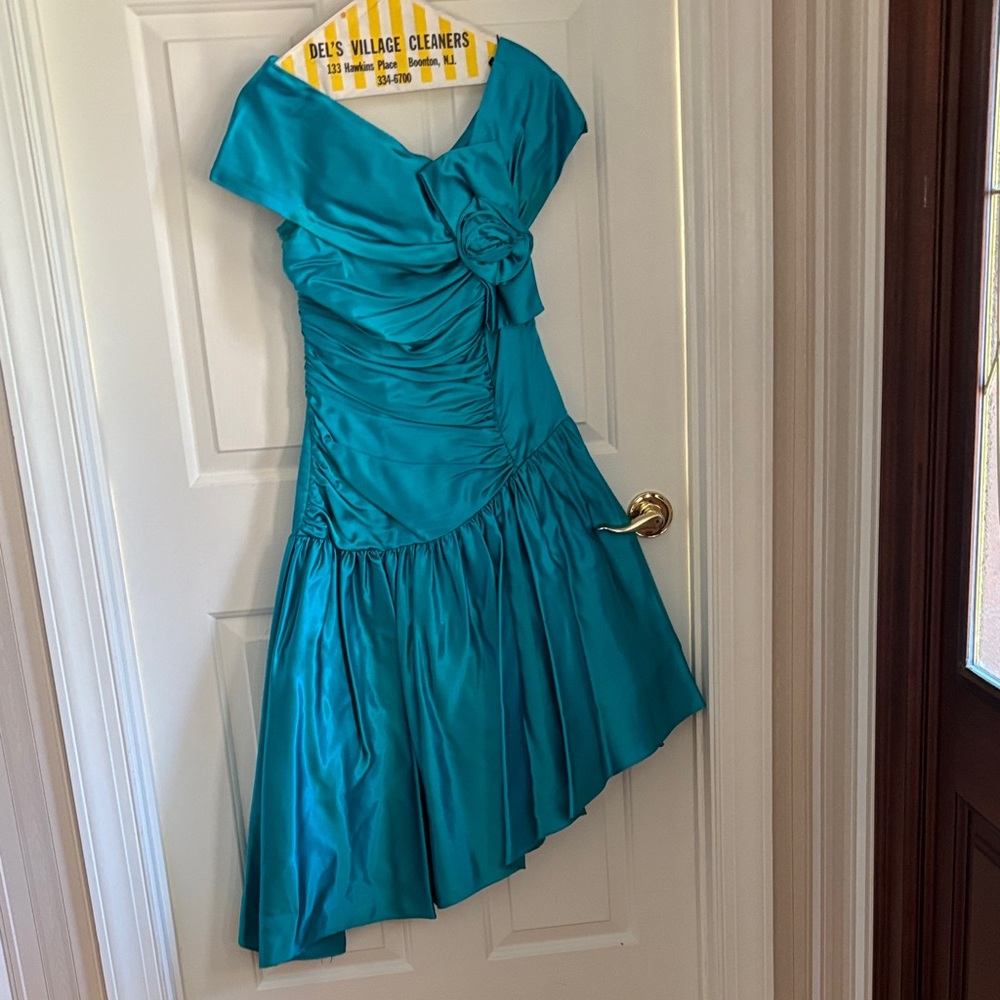Teal Satin Prom/Party Dress with Rosette Detail